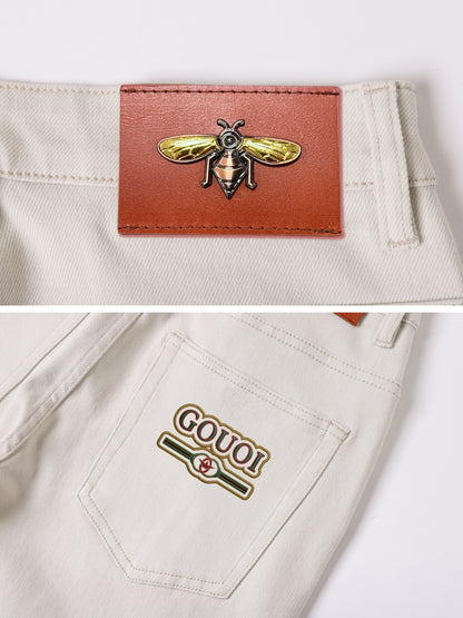 Men's Beige Thick Warm Loose Fit Jeans, High-End Fine Craft Fall Winter Denim Pants, Classic Print Bee Leather Patch Design, Premium Soft Heavy Fabric, Business Casual Fashion Trousers For Daily Commute, Party & Dating Wear