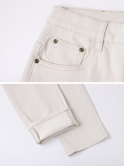 Men's Beige Thick Warm Loose Fit Jeans, High-End Fine Craft Fall Winter Denim Pants, Classic Print Bee Leather Patch Design, Premium Soft Heavy Fabric, Business Casual Fashion Trousers For Daily Commute, Party & Dating Wear