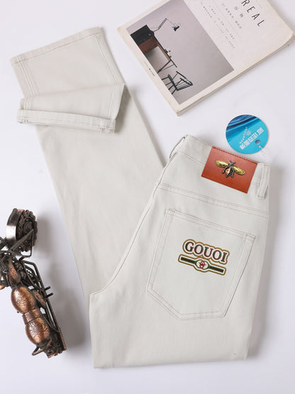 Men's Beige Thick Warm Loose Fit Jeans, High-End Fine Craft Fall Winter Denim Pants, Classic Print Bee Leather Patch Design, Premium Soft Heavy Fabric, Business Casual Fashion Trousers For Daily Commute, Party & Dating Wear